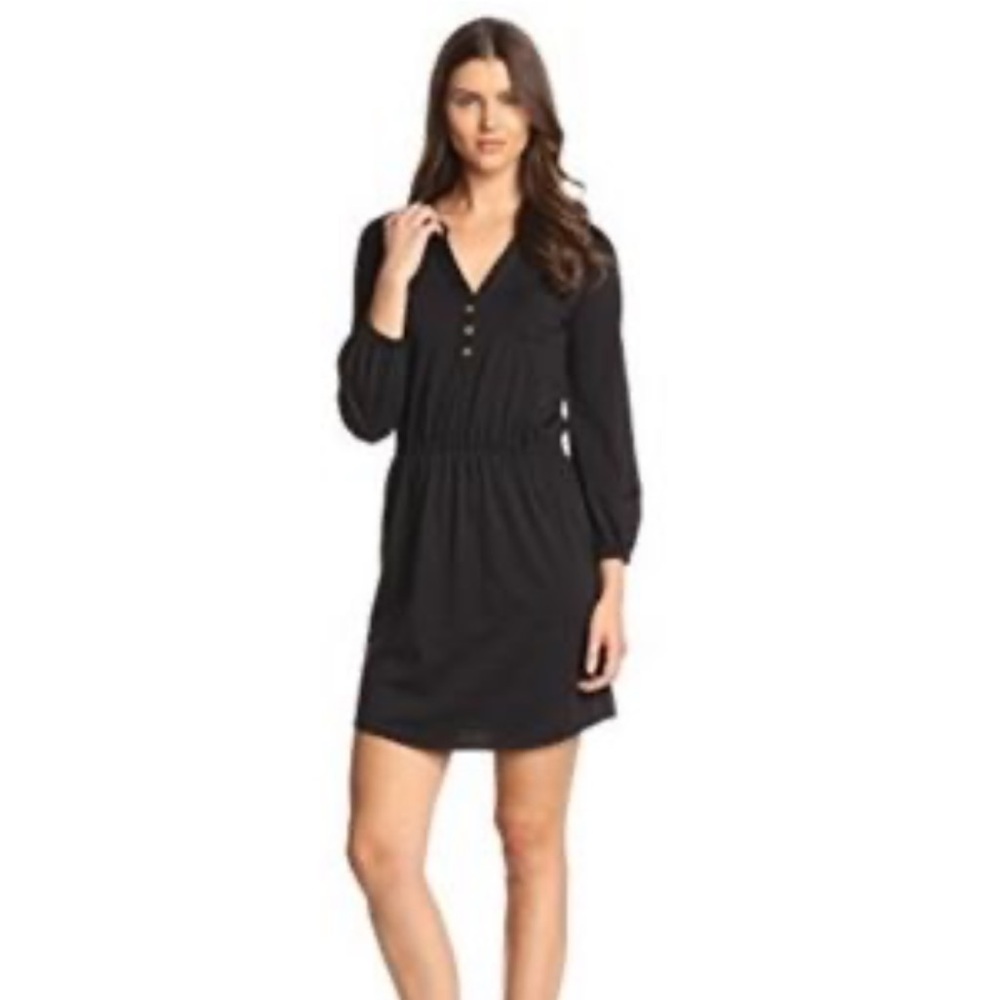 J5 Lilly Pulitzer Women‎ Black VNeck Long Elastic Sleeve Waist Cotton Dress